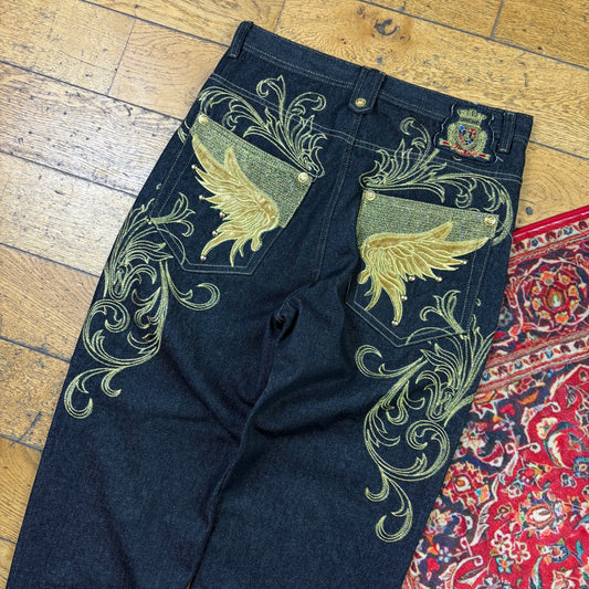 Vintage Black Gold Embroidered Y2K Hip Hop Baggy Jeans - 34