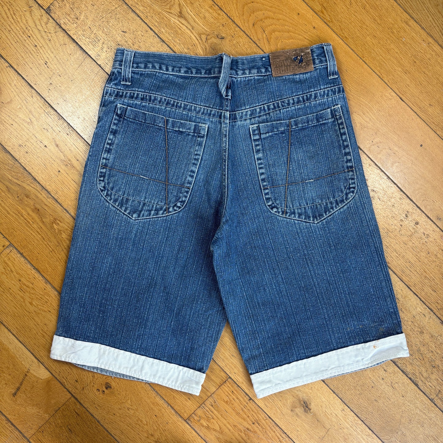 Vintage Raw Blue Embroidered Hip Hop Baggy Shorts Jorts - 34