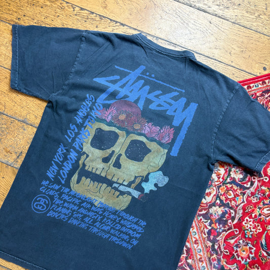 Vintage Stussy Grey Faded Black Graphic T-Shirt - S