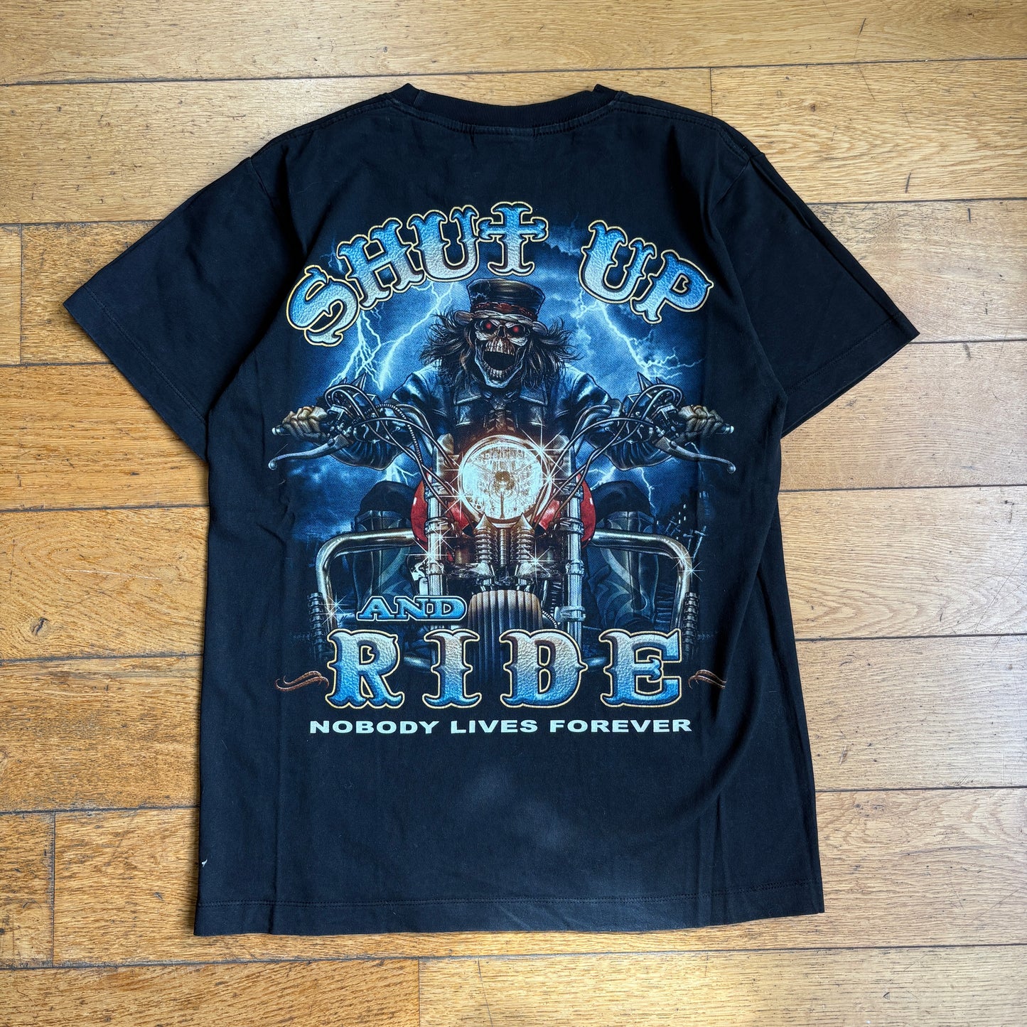 Vintage Motorbike Skeleton Black Graphic T-Shirt - S