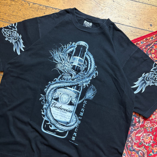 Vintage 2002 Budweiser Beer Black Graphic T-Shirt - XL
