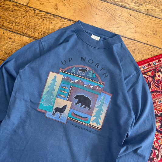 Vintage 90s Wildlife Nature Blue Long Sleeve Single Stitch Graphic T-Shirt - XS
