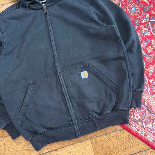 Vintage Carhartt Workwear Black Zip Hoodie Embroidered Sweatshirt - L
