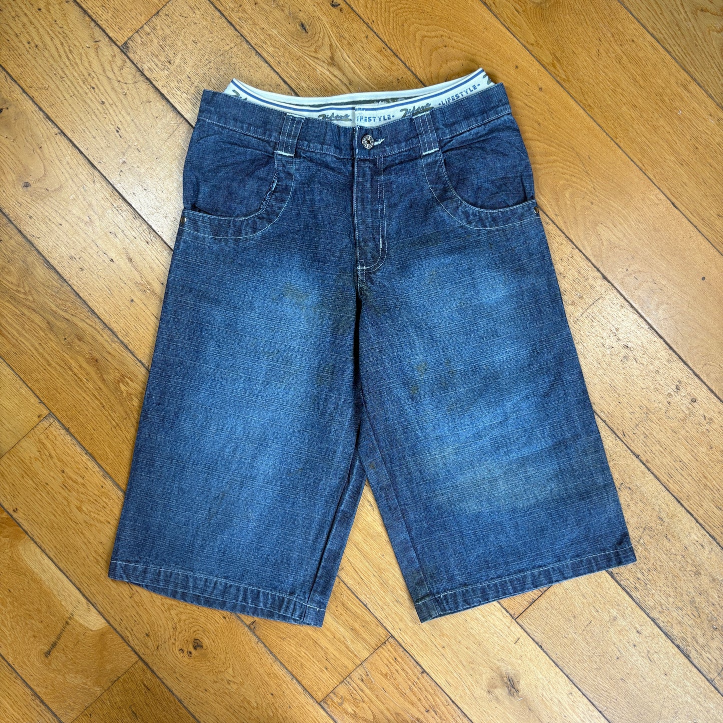 Vintage Zinedine Zidane Embroidered Hip Hop Blue Baggy Shorts Jorts - 28