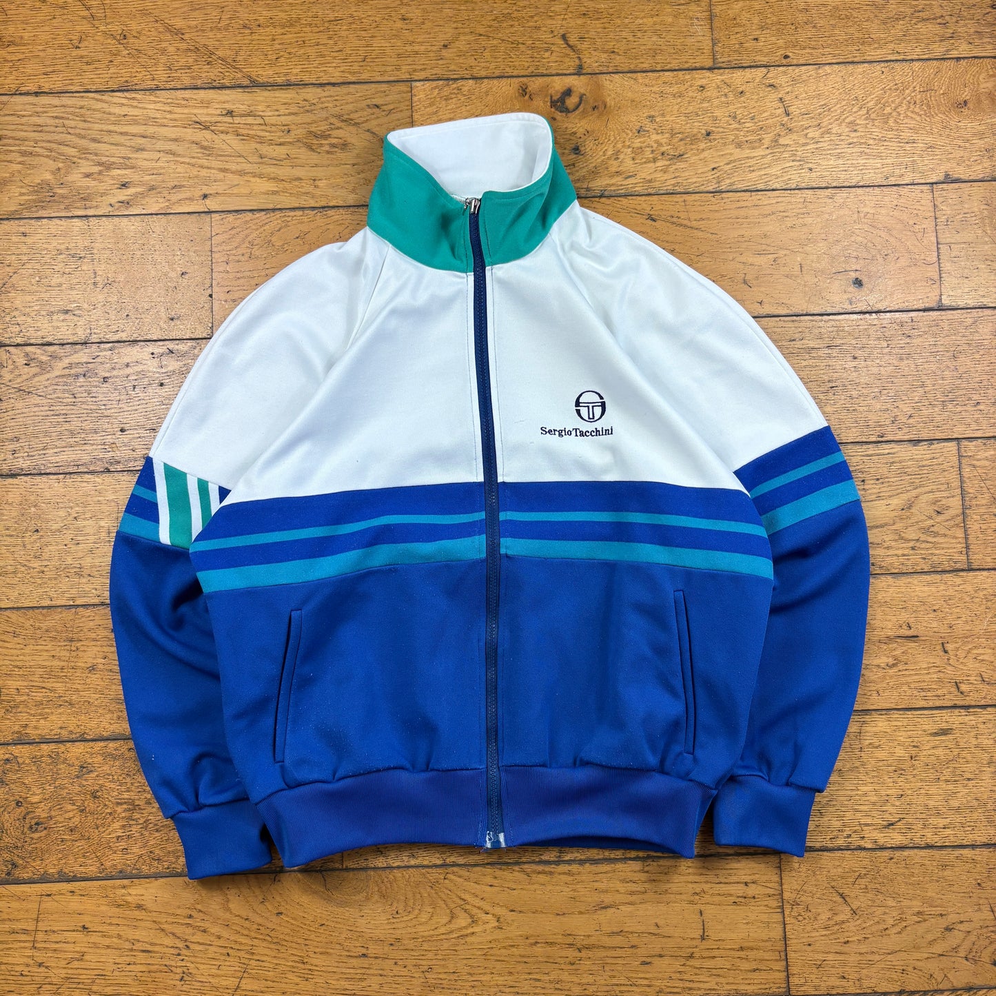 Vintage Sergio Tacchini White Blue Tracksuit Track Shell Windbreaker Jacket - M