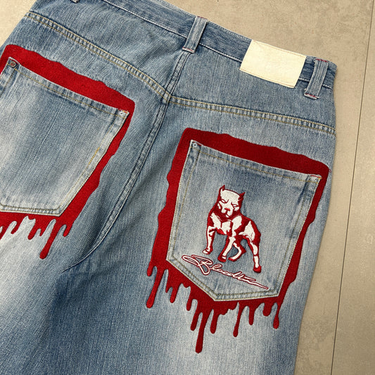 Vintage Bloodline Embroidered Hip Hop Baggy Blue Shorts Jorts - 36