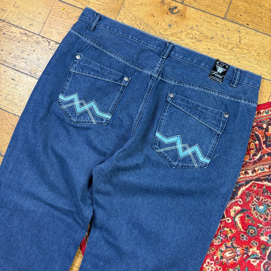 Vintage Blue Embroidered Y2K Hip Hop Baggy Jeans - 44