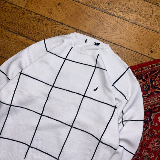 Vintage Nautica White Check Embroidered Knit Jumper - L