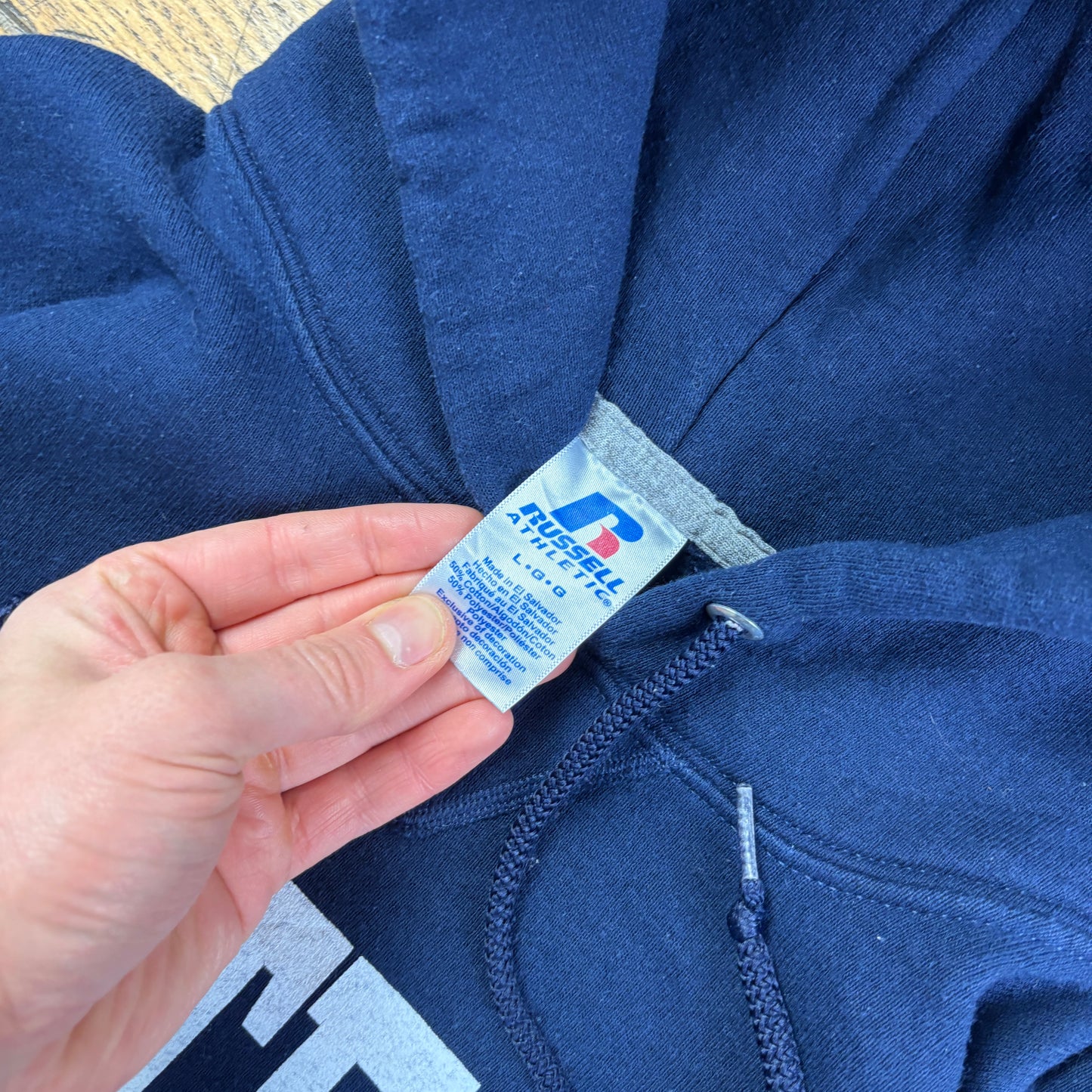 Vintage Russell Athletic Navy Boxy USA College Hoodie Sweatshirt - L