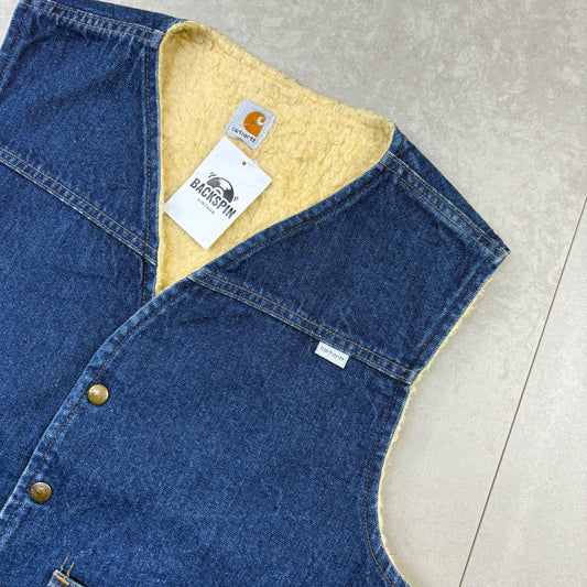Vintage Carhartt Blue Denim Workwear Gilet Vest Lined Jacket - M