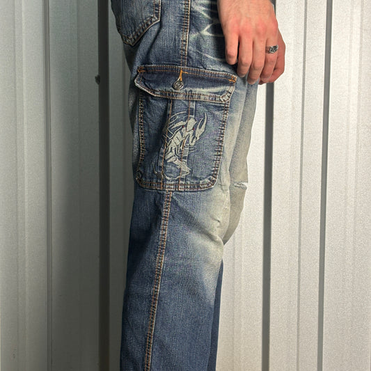 Embroidered Scorpion Blue Cargo Japanese Denim Hip Hop Y2K Baggy Jeans - 32S
