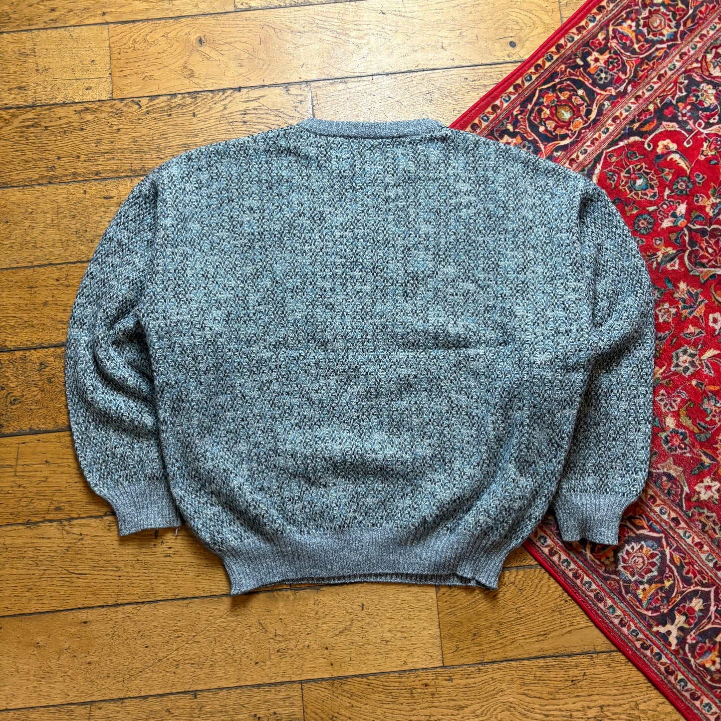 Vintage Blue Pattern Wool Chunky Knit Jumper - XL