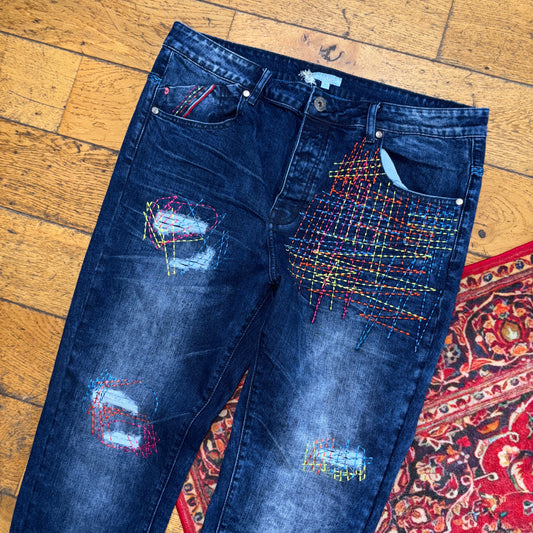 Vintage Blue Embroidered Y2K Hip Hop Skinny Jeans - 36R