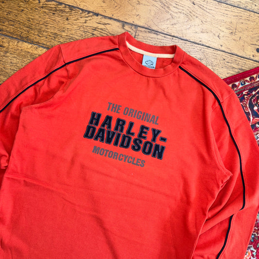 Vintage Harley Davidson Orange Embroidered Long Sleeve Graphic T-Shirt - S