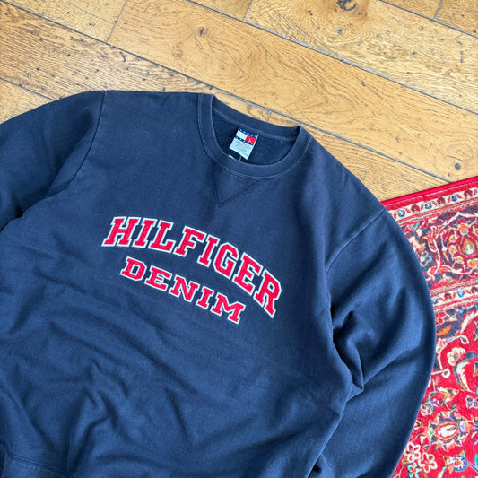 Vintage Tommy Hilfiger Navy Spellout Embroidered Sweatshirt - XL