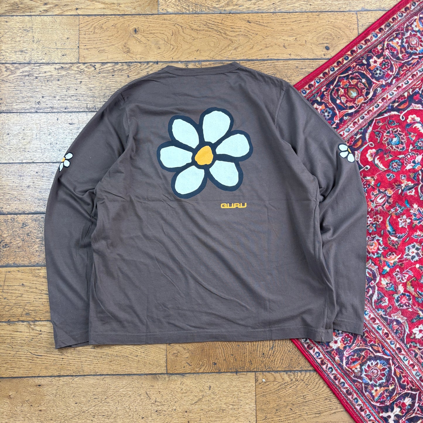 Vintage Guru Brown Skate Long Sleeve Flower Graphic T-Shirt - L