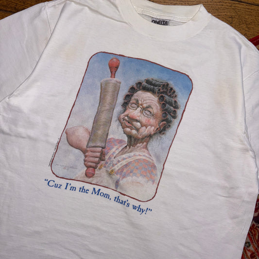 Vintage 1992 Mum White Funny Single Stitch Graphic T-Shirt - M