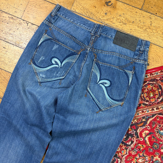 Vintage Rocawear Blue Embroidered Y2K Hip Hop Baggy Jeans - 36
