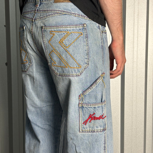 Karl Kani Blue Embroidered Japanese Denim Hip Hop Y2K Baggy Jeans - 34S
