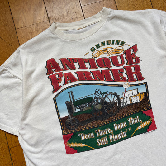 Vintage 1995 Farmer Plowin Single Stitch White Graphic T-Shirt - XL