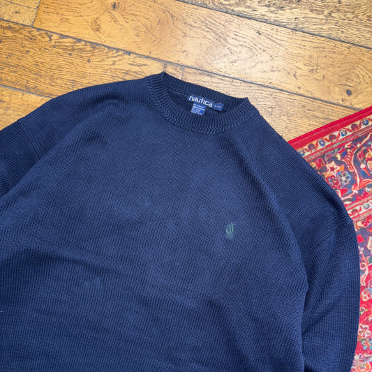 Vintage Nautica Navy Embroidered Knit Jumper - XL