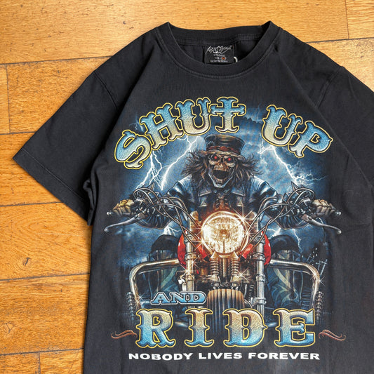 Vintage Motorbike Skeleton Black Graphic T-Shirt - S