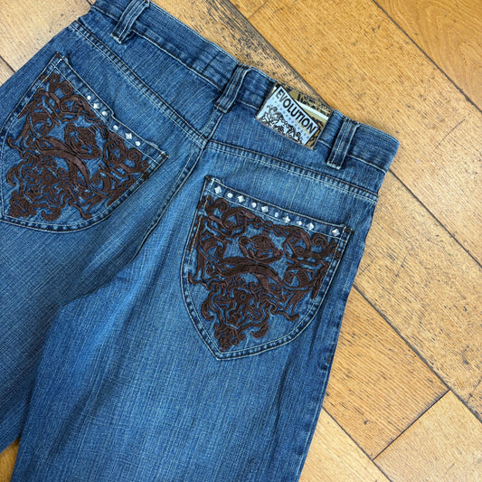 Vintage Evolution in Design Embroidered Hip Hop Blue Baggy Shorts Jorts - 32