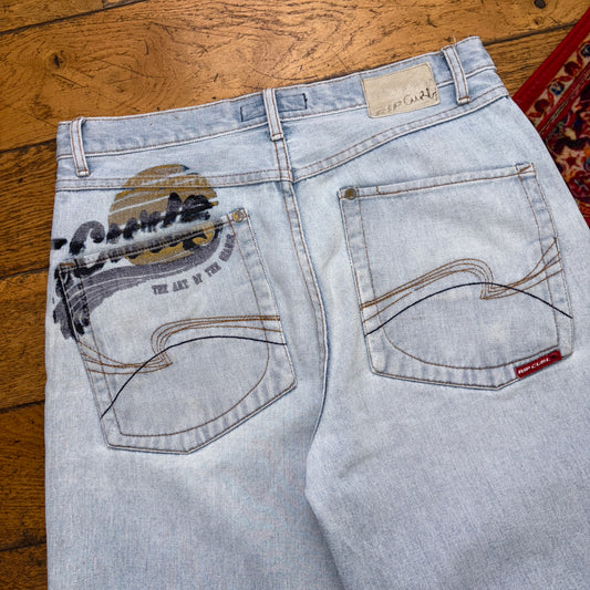 Vintage Rip Curl Blue Surfwear Embroidered Hip Hop Baggy Shorts Jorts - 34