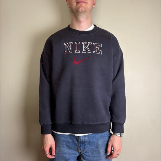 Vintage Nike Navy Spellout Embroidered Sweatshirt - L