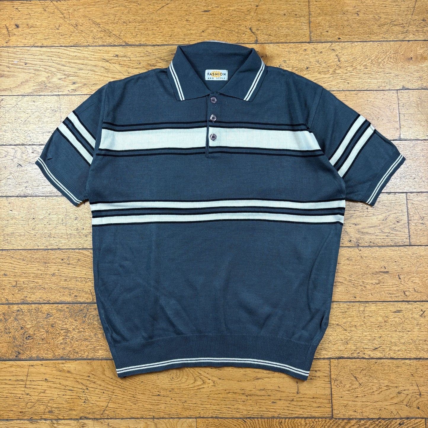 Vintage Grey Stripe Polo T-Shirt - L