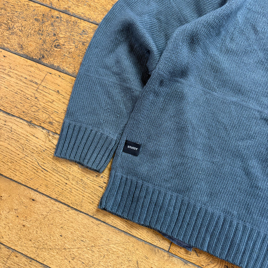 Vintage Stussy Grey Double Zip Chunky Knit Jumper - L