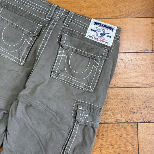 Vintage True Religion Embroidered Y2K Green Khaki Cargo Shorts - 36