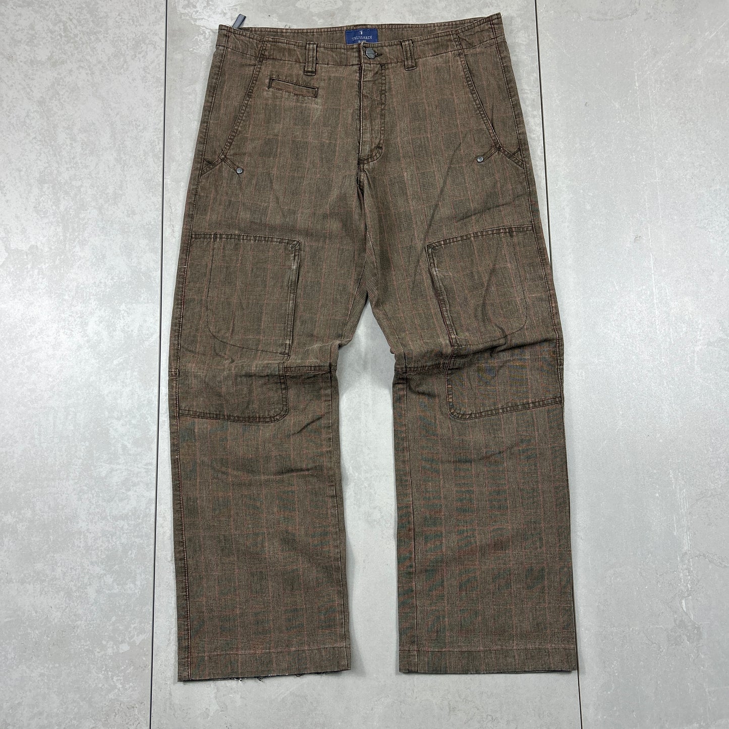 Vintage Italian Brown Check Baggy Cargo Double Knee Trousers - 36