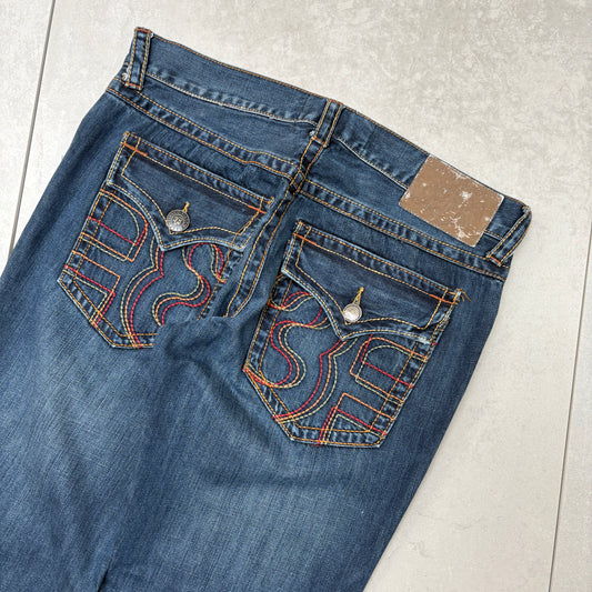 Vintage Embroidered Hip Hop Blue Bootcut Baggy Jeans - 36