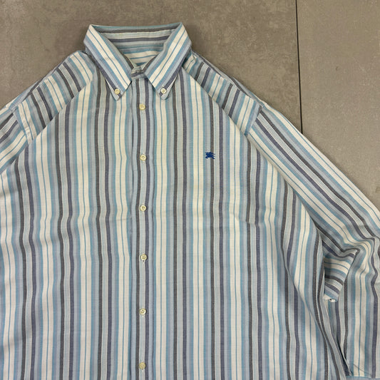 Vintage Burberry Blue Stripe Embroidered Button Down Shirt - XL