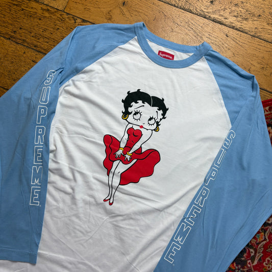 Vintage Supreme Betty Boop Long Sleeve White Blue Graphic T-Shirt - L