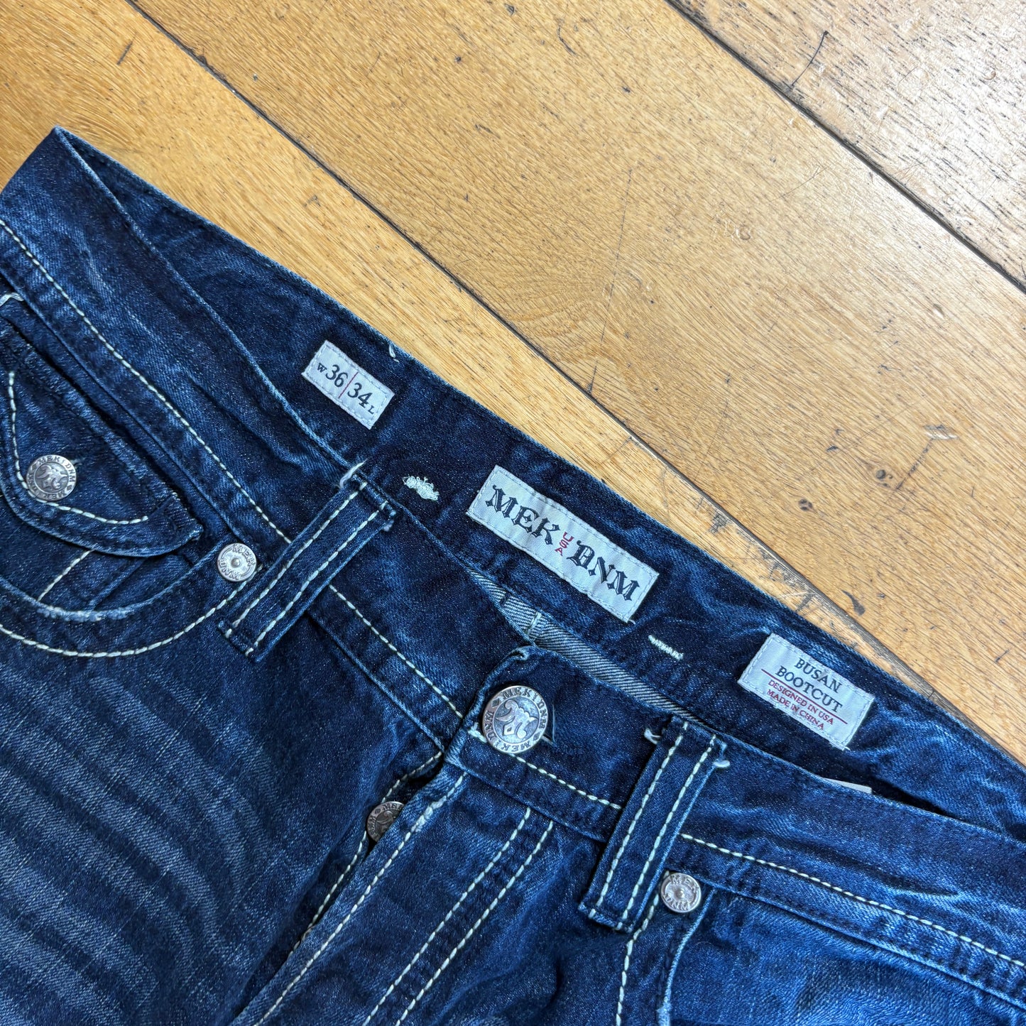 Vintage Mek Embroidered Hip Hop Blue Baggy Bootcut Jeans - 38