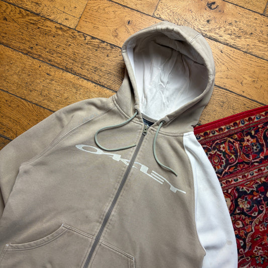 Vintage Oakley Cream Brown Spellout Boxy Cropped Sweatshirt - S
