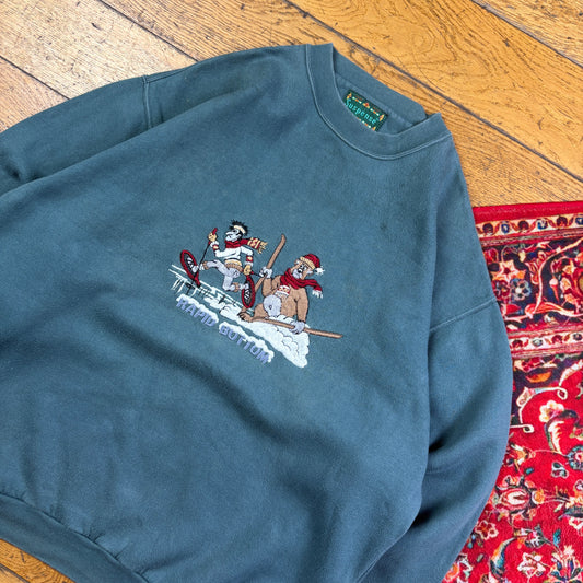 Vintage 90s Embroidered Blue Ski Skiing Christmas Sweatshirt - L