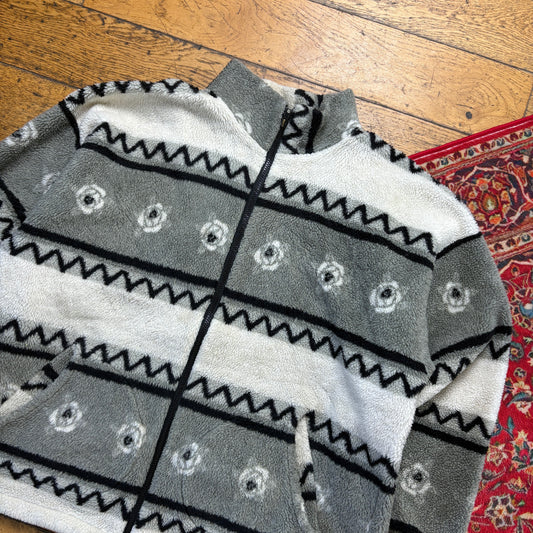 Vintage 90s Grey White Funky Crazy Pattern Fleece Embroidered Sweatshirt - XL