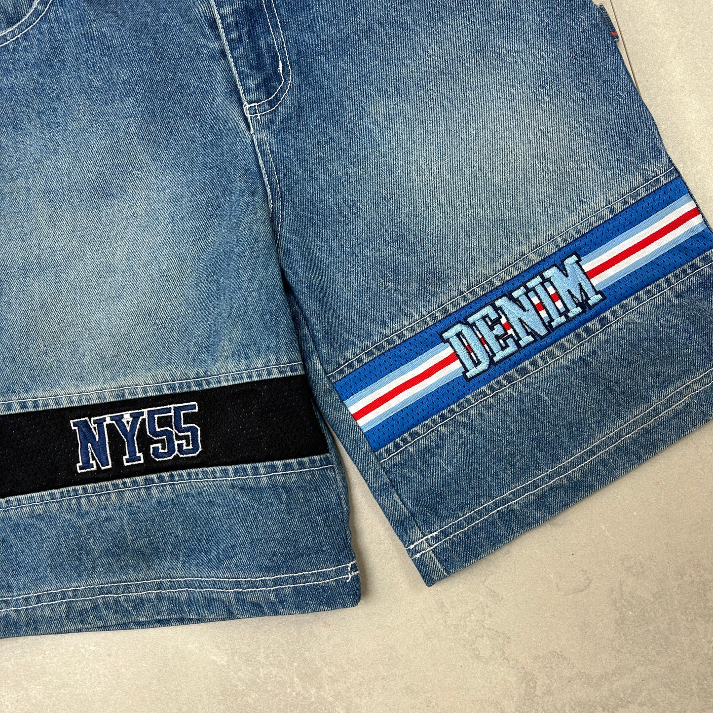 Vintage NY55 Embroidered Hip Hop Baggy Blue Shorts Jorts - 28