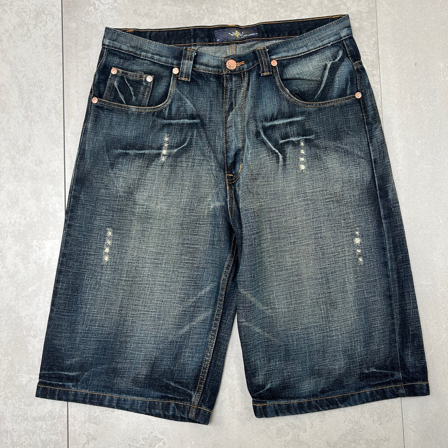 Vintage Kaalu Jeans Embroidered Hip Hop Baggy Blue Shorts Jorts - 38