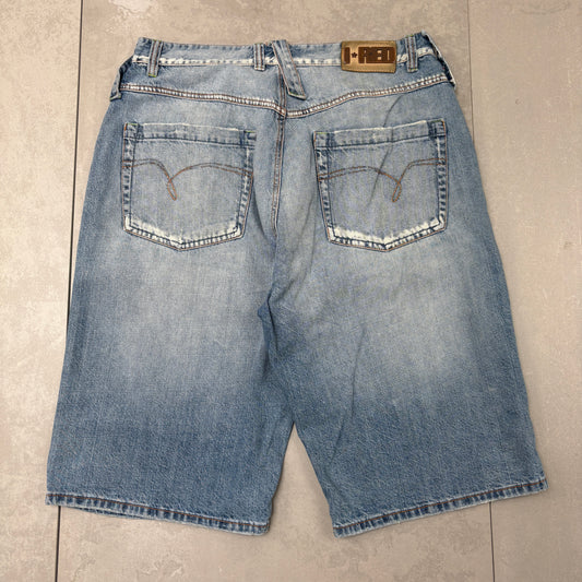 Vintage I-Red Embroidered Hip Hop Blue Baggy Shorts Jorts - 36