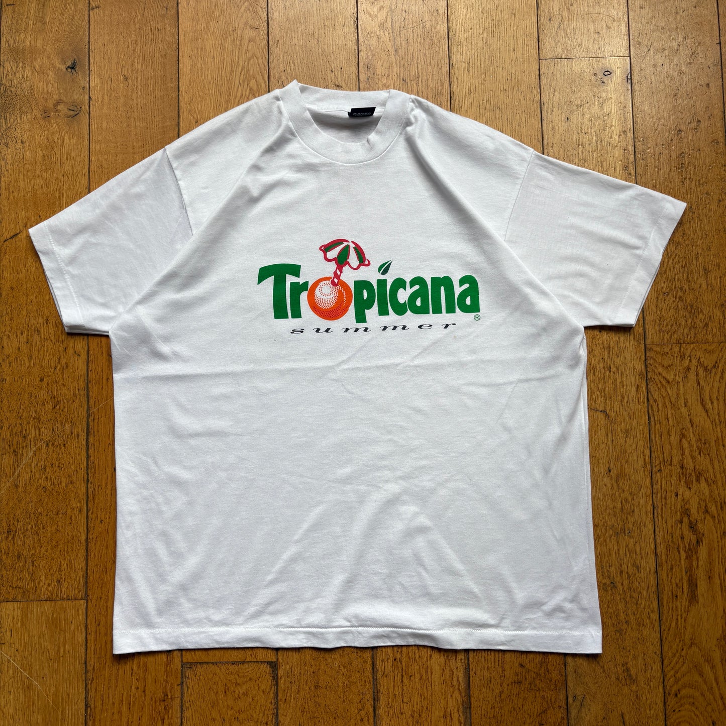 Vintage 90s Tropicana Single Stitch White Graphic T-Shirt - XXL