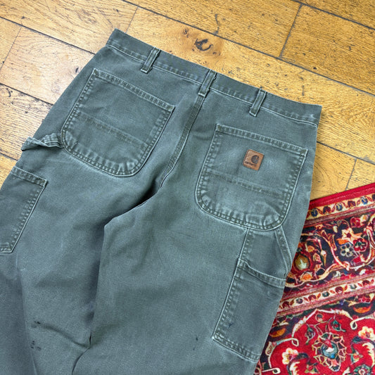 Vintage Carhartt Green Khaki Workwear Carpenter Baggy Trousers - 34