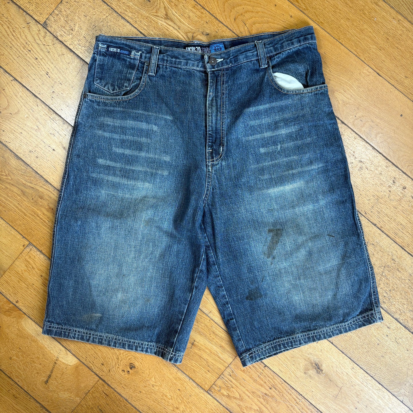 Vintage Focus70 Embroidered Hip Hop Blue Baggy Shorts Jorts - 38