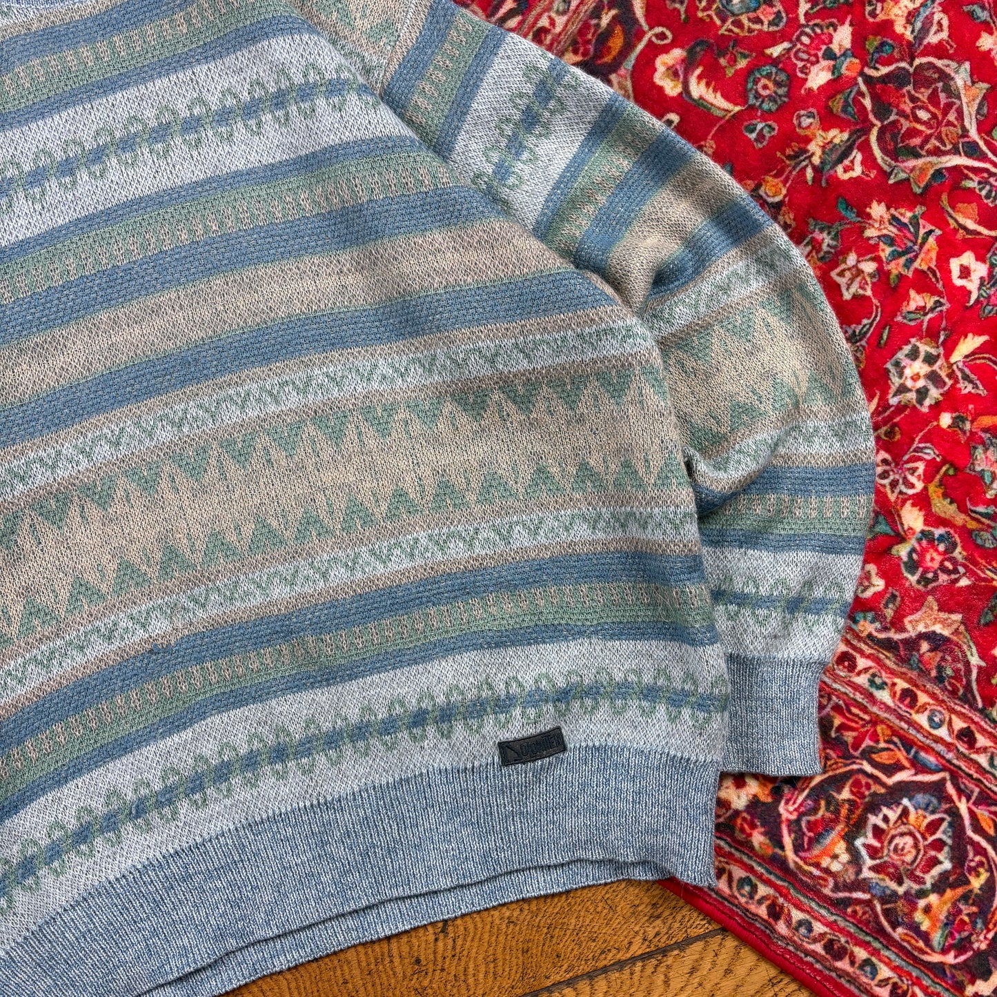 Vintage Blue Pattern Italian Chunky Knit Jumper - L