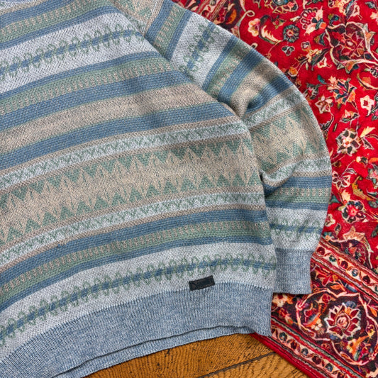 Vintage Blue Pattern Italian Chunky Knit Jumper - L