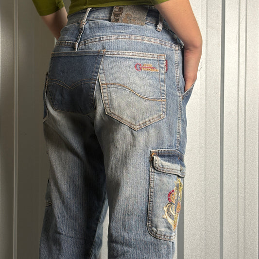 Embroidered Koi Fish Blue Cargo Japanese Denim Hip Hop Y2K Baggy Jeans - 30S