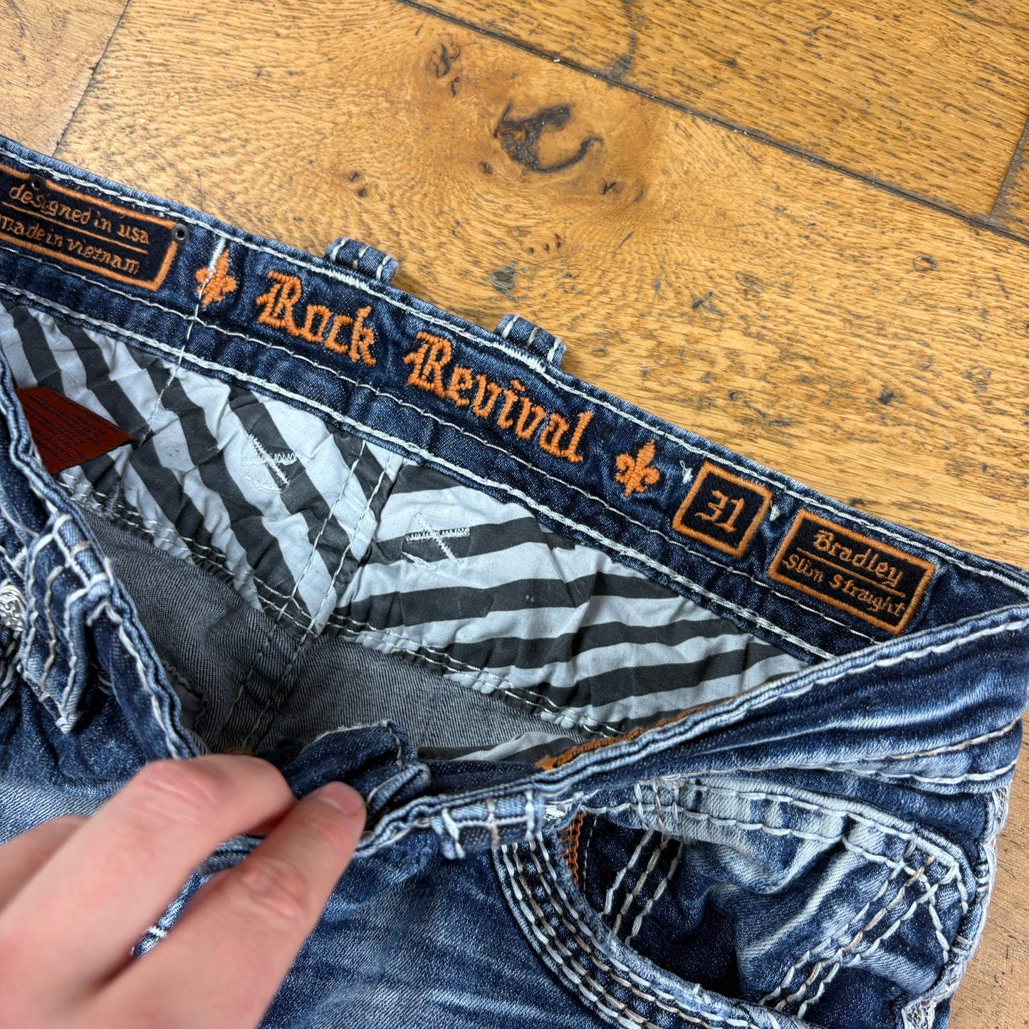 Vintage Rock Revival Blue Embroidered Y2K Hip Hop Slim Straight Jeans - 34